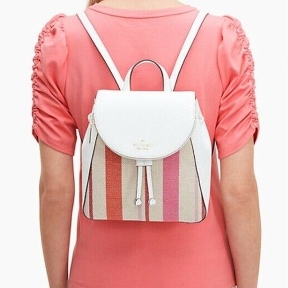 NWT Kate Spade1 - Leila Striped Canvas Pebble Leather Medium Flap Backpack8.4 - Picture 2 of 13
